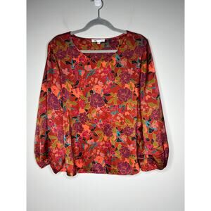 DR2 Floral Satin Blouse Boho Balloon Sleeve Blouse Peasant Top Cottage Womens XL